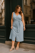 Light blue linen column midi dress, front view, v-neck, button front, tie waist