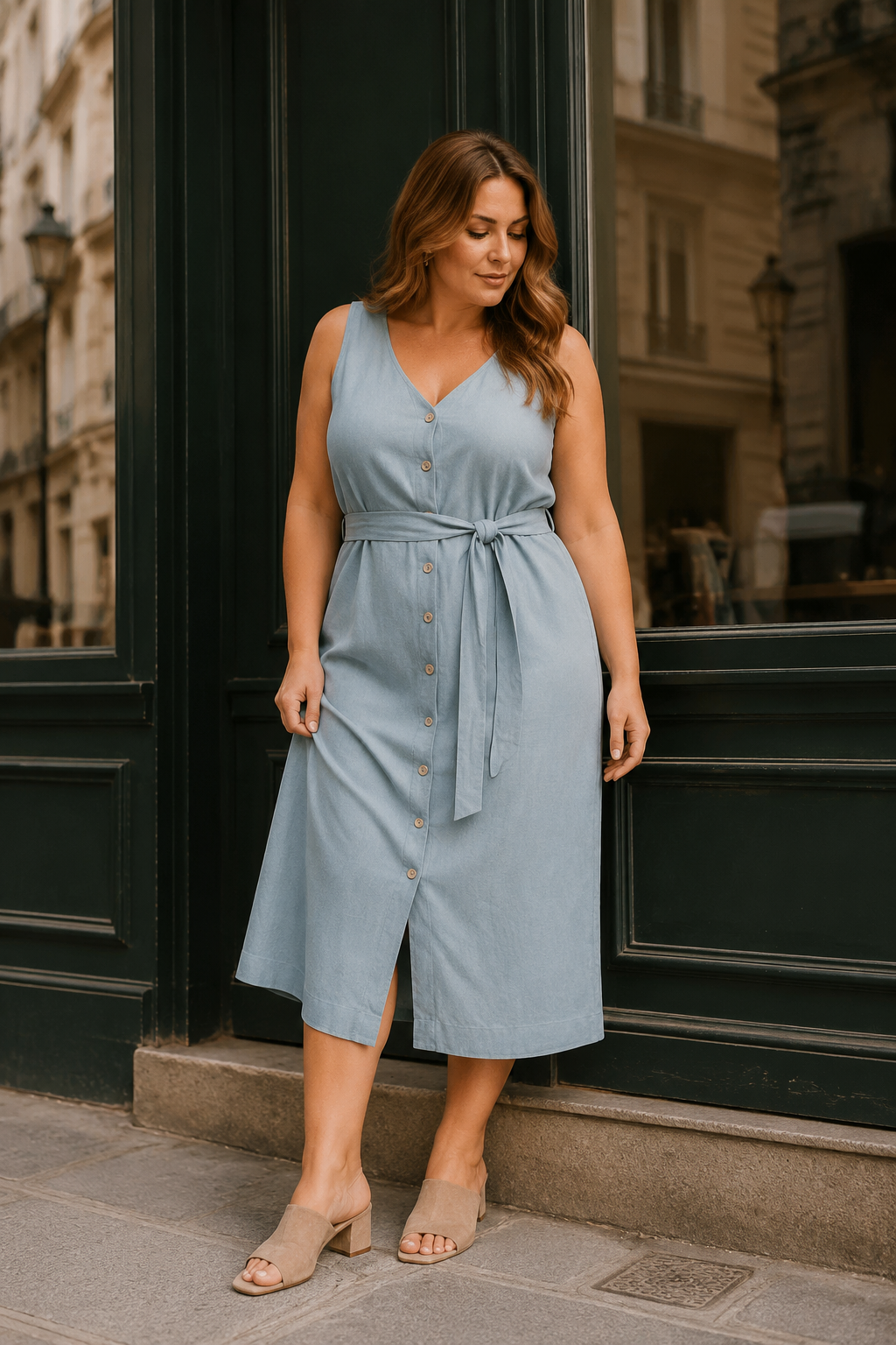 Light blue linen column midi dress, front view, v-neck, button front, tie waist