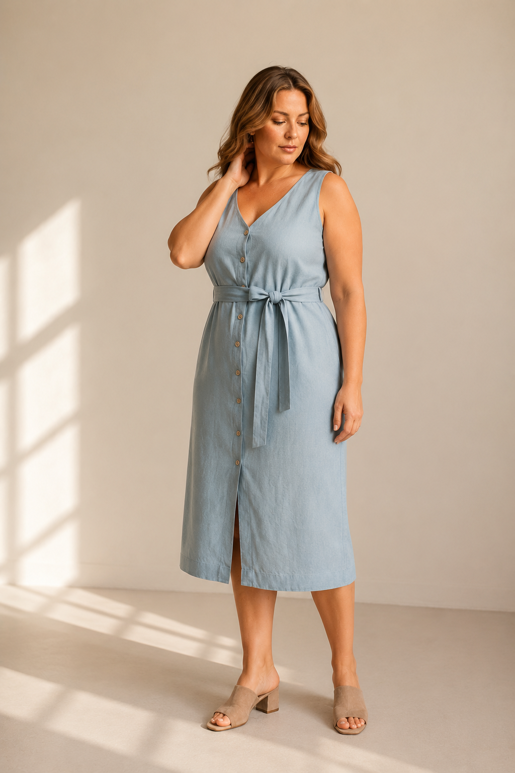 Light blue linen column midi dress, three-quarter view, relaxed column fit, linen texture