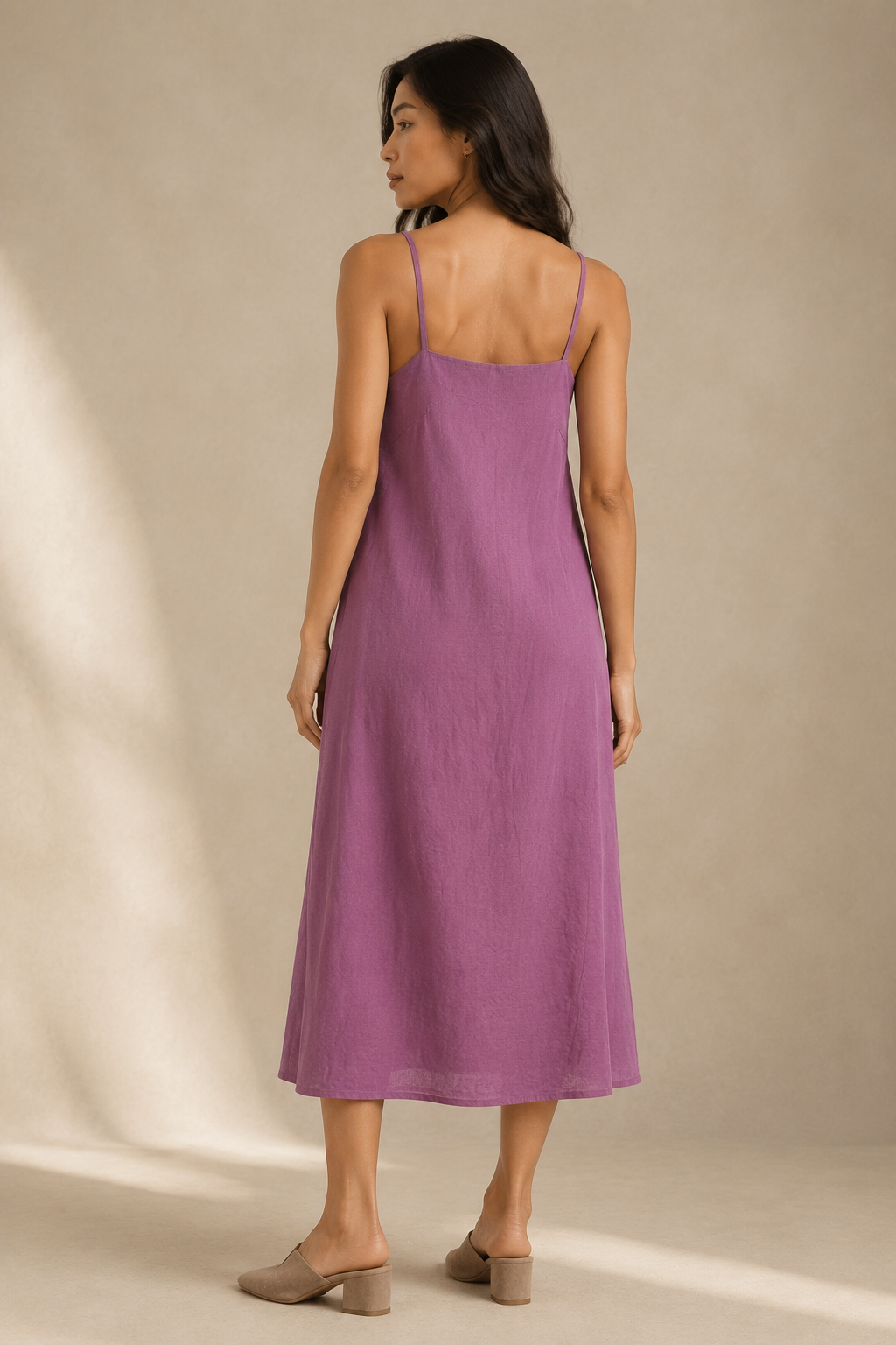 Purple linen slip midi dress, back view, clean back and straight cut