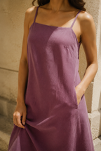 Purple linen slip midi dress, fabric detail, flax weave in raking light