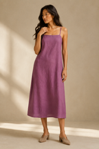 Purple linen slip midi dress, full front view, relaxed fit and midi length