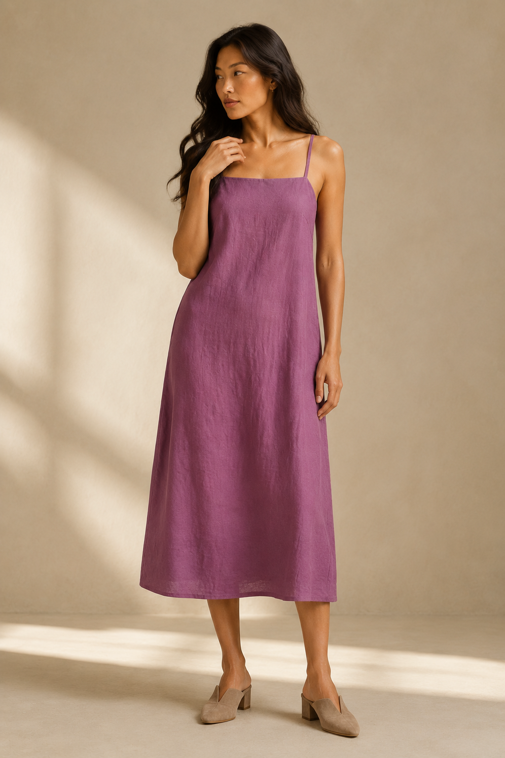 Purple linen slip midi dress, full front view, relaxed fit and midi length