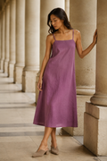 Purple linen slip midi dress, front view, spaghetti straps and straight neckline