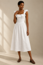 White linen a-line midi dress, full front view, fitted bodice and flowing A-line skirt