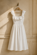 White linen a-line midi dress, hanging on wooden hanger against plaster wall