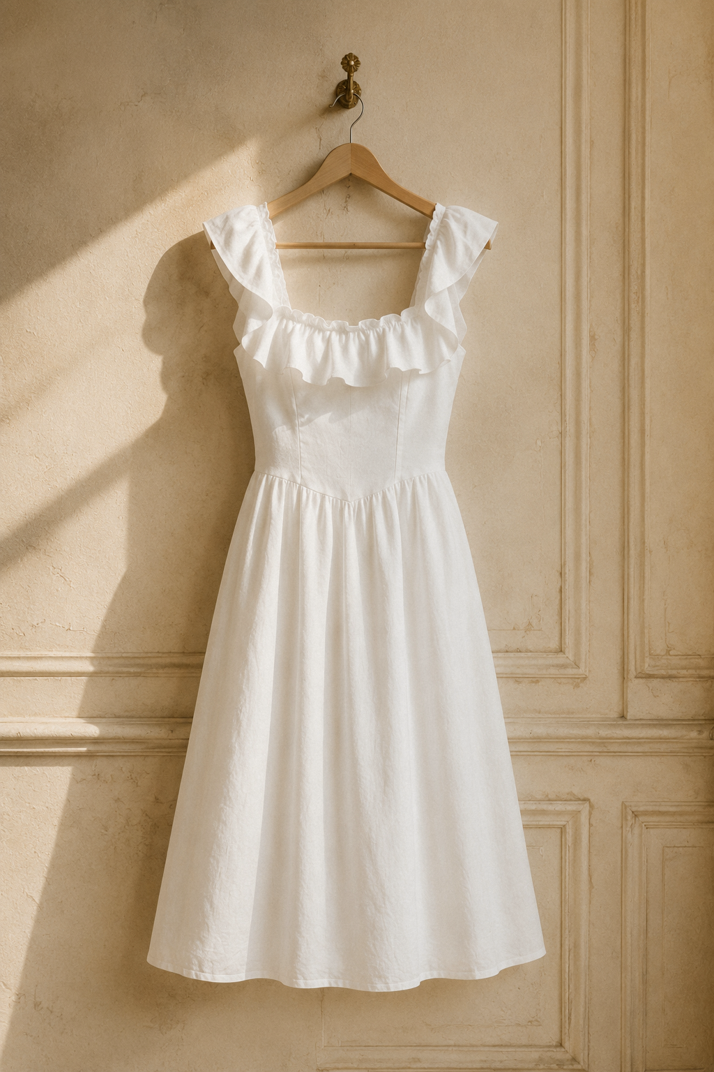 White linen a-line midi dress, hanging on wooden hanger against plaster wall