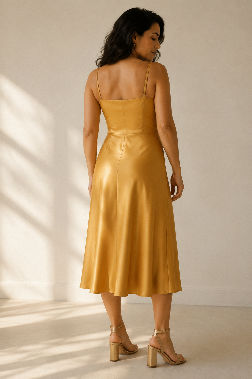 Golden yellow silk slip midi dress, back view, smooth back and midi length