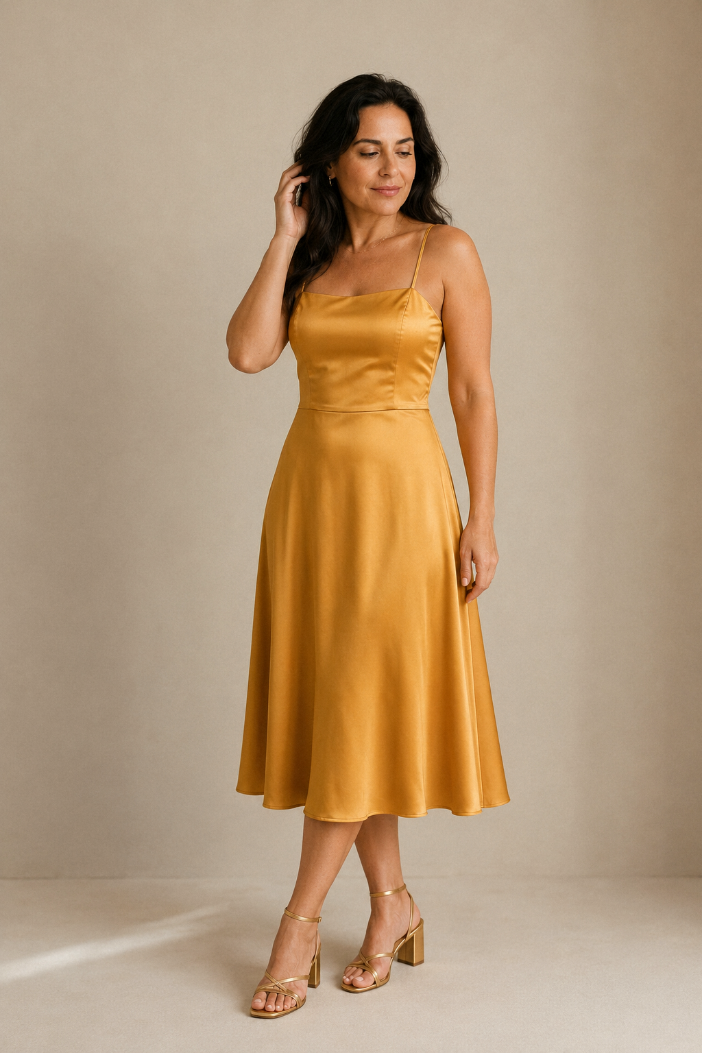 Golden yellow silk slip midi dress, full front view, fitted bodice and flowing skirt