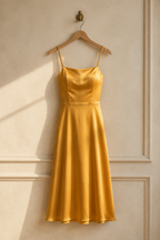 Golden yellow silk slip midi dress, hanging on wooden hanger against plaster wall