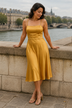 Golden yellow silk slip midi dress, front view, straight neckline and spaghetti straps