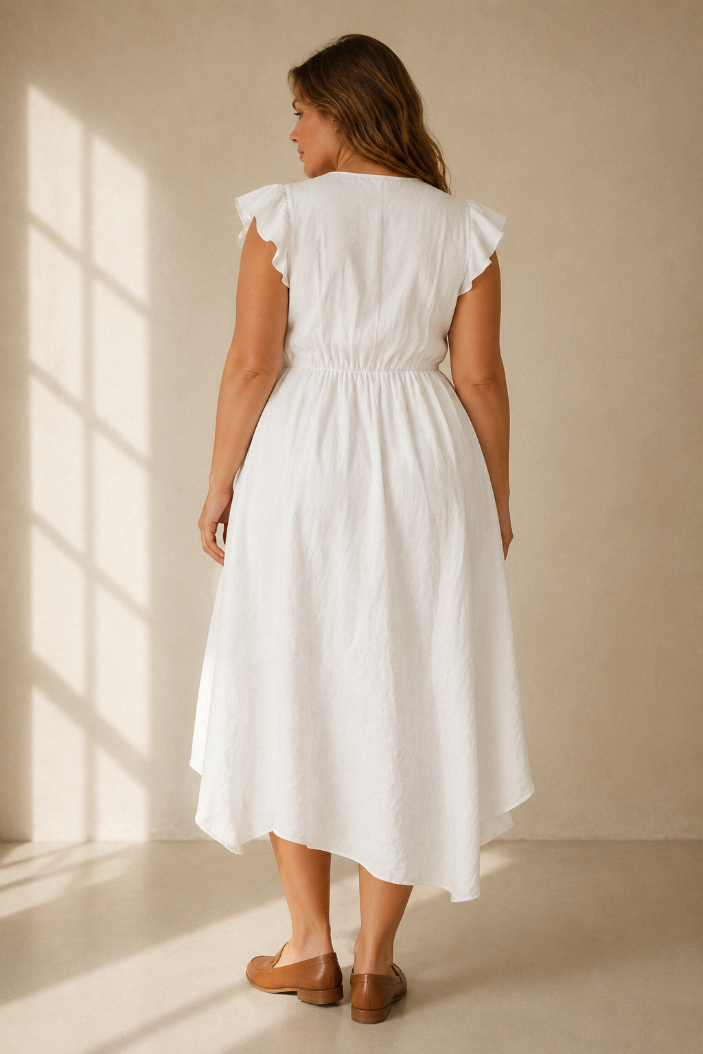 White linen a-line midi dress, back view, elasticated waist and soft drape
