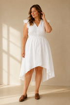 White linen a-line midi dress, full front view, button front and A-line skirt