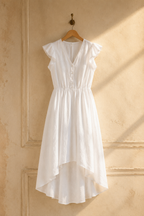 White linen a-line midi dress, hanging on wooden hanger against plaster wall
