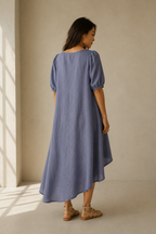 Blue-grey linen shift midi dress, back view, soft drape, comfortable ease