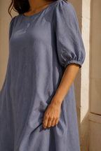 Blue-grey linen shift midi dress, fabric detail, flax weave in raking light