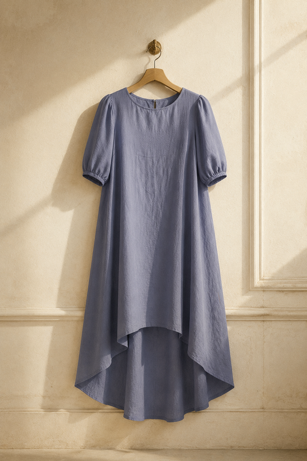 Blue-grey linen shift midi dress, hanging on wooden hanger against plaster wall