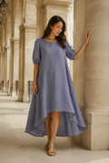 Blue-grey linen shift midi dress, front view, blue-grey linen dress, high-low hem
