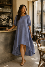 Blue-grey linen shift midi dress, lifestyle, quiet morning light