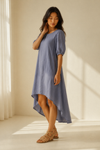 Blue-grey linen shift midi dress, three-quarter view, flowing skirt, natural linen texture