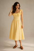 Butter yellow linen a-line midi dress, full front view, flowing a-line skirt, midi length