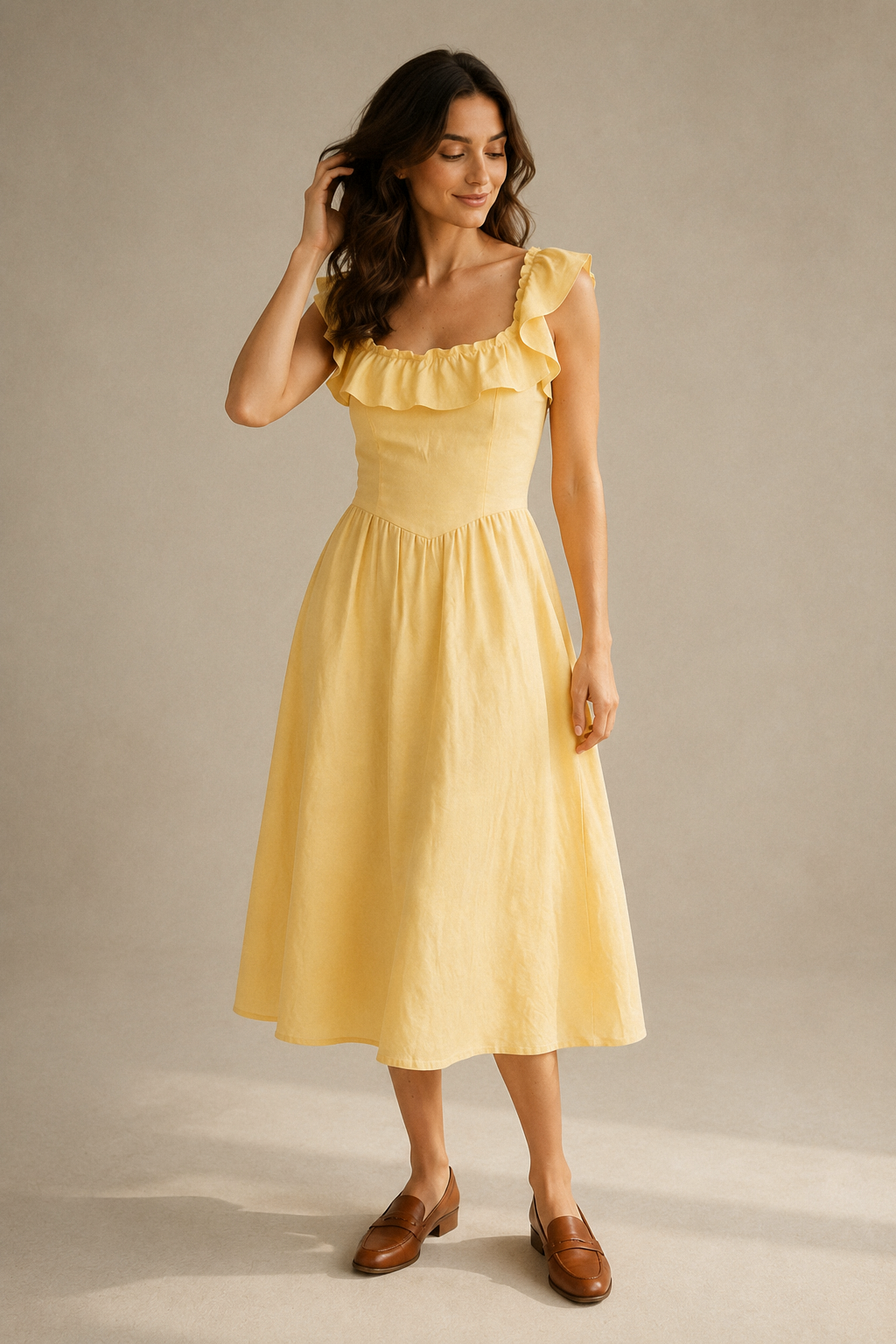 Butter yellow linen a-line midi dress, full front view, flowing a-line skirt, midi length