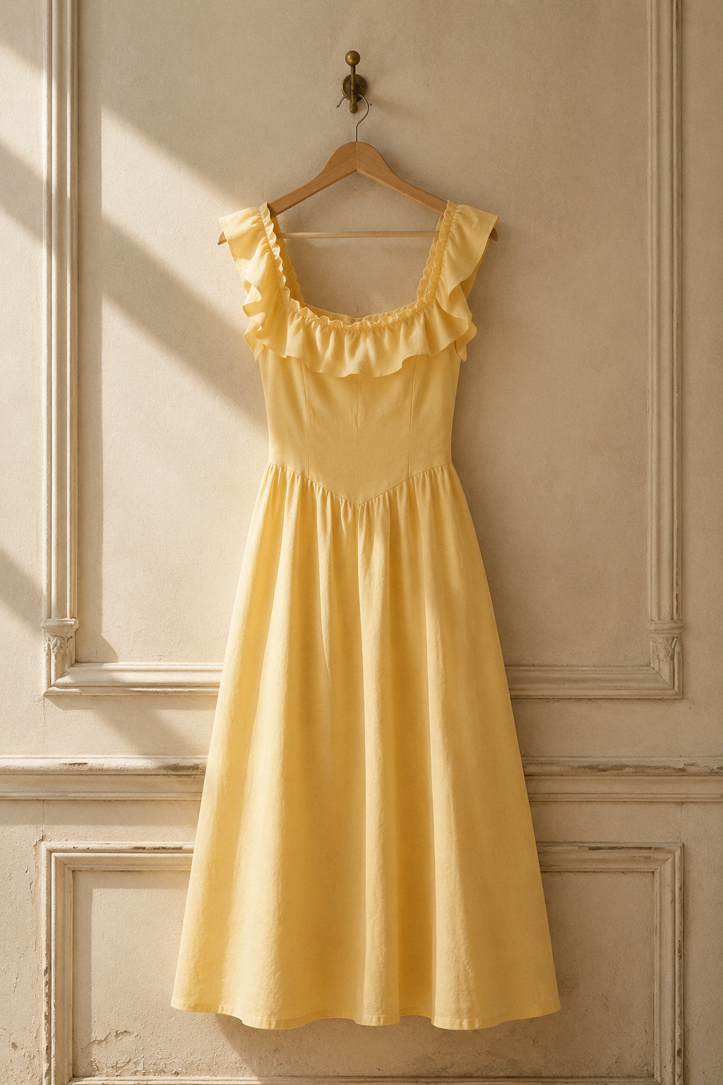 Butter yellow linen a-line midi dress, hanging on wooden hanger against plaster wall