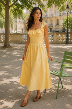 Butter yellow linen a-line midi dress, lifestyle, sunlit room, gentle afternoon