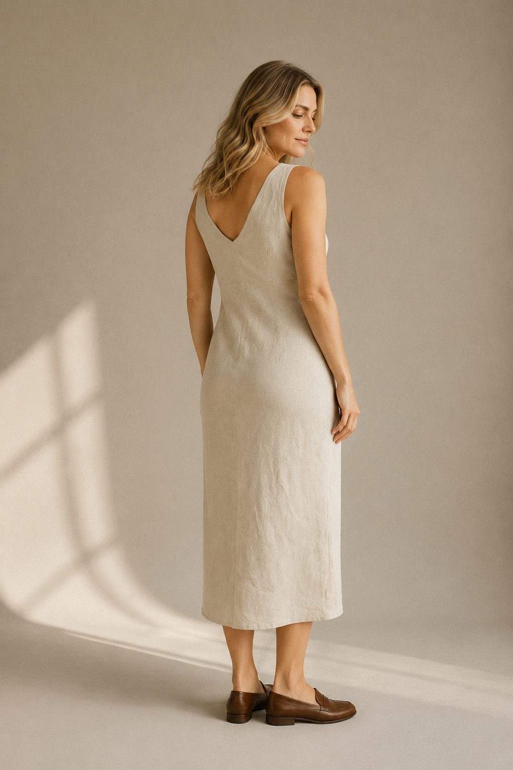 Beige linen column midi dress, back view, smooth back and simple lines