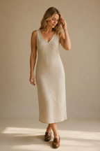 Beige linen column midi dress, full front view, midi length and natural linen fabric