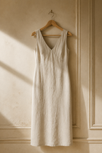 Beige linen column midi dress, hanging on wooden hanger against plaster wall