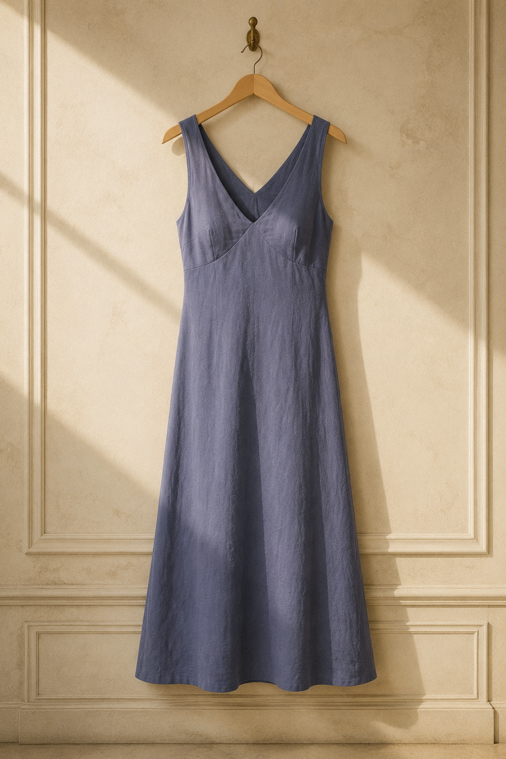 Dusty blue linen a-line midi dress, hanging on wooden hanger against plaster wall