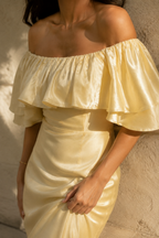 Butter yellow silk column midi dress, fabric detail, soft sheen in raking light