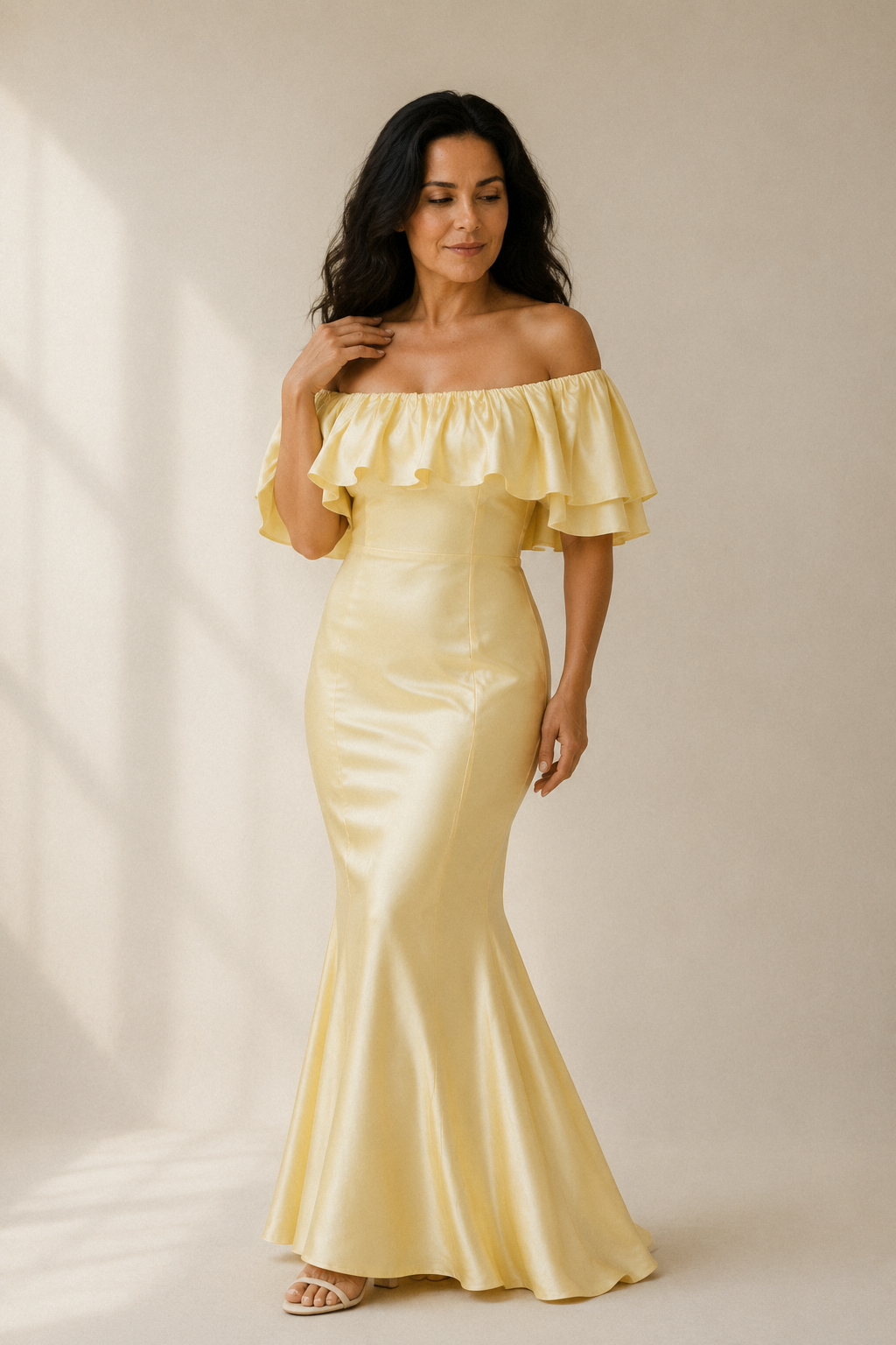 Butter yellow silk column midi dress, full front view, smooth bodice and flowing skirt