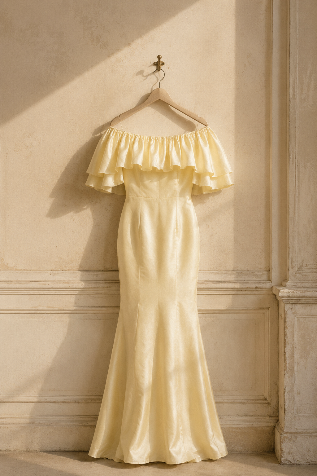 Butter yellow silk column midi dress, hanging on wooden hanger against plaster wall
