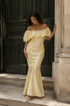 Butter yellow silk column midi dress, front view, off-shoulder ruffle and column silhouette