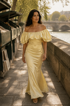 Butter yellow silk column midi dress, lifestyle, city stroll in soft afternoon light