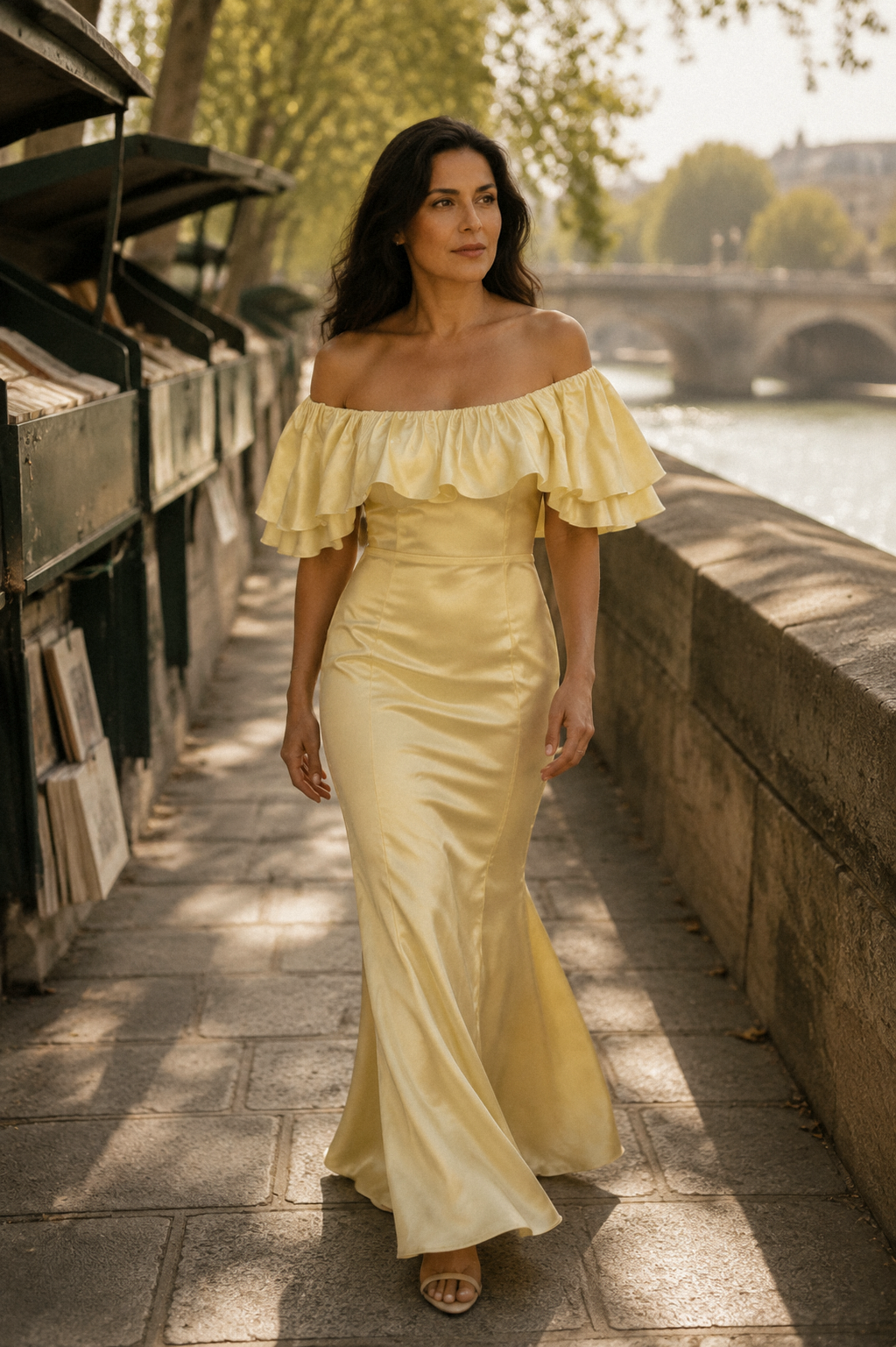 Butter yellow silk column midi dress, lifestyle, city stroll in soft afternoon light