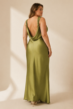 Olive green silk column midi dress, back view, smooth back silhouette