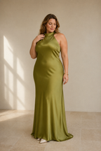Olive green silk column midi dress, full front view, asymmetric neckline with bodice cut-out
