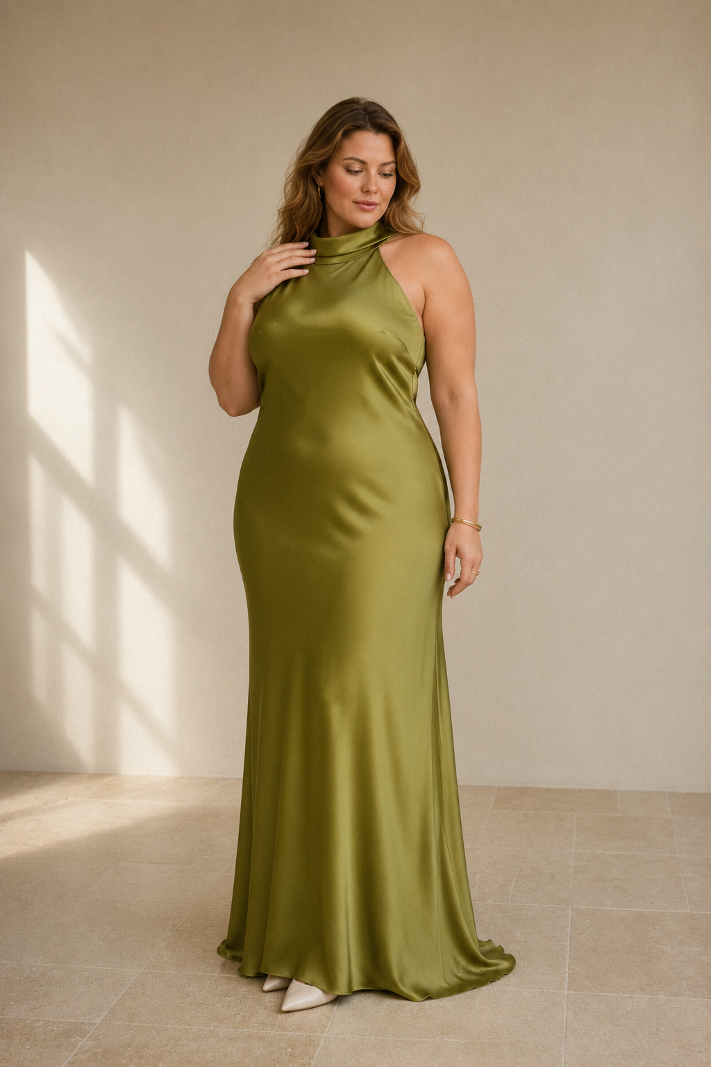 Olive green silk column midi dress, full front view, asymmetric neckline with bodice cut-out