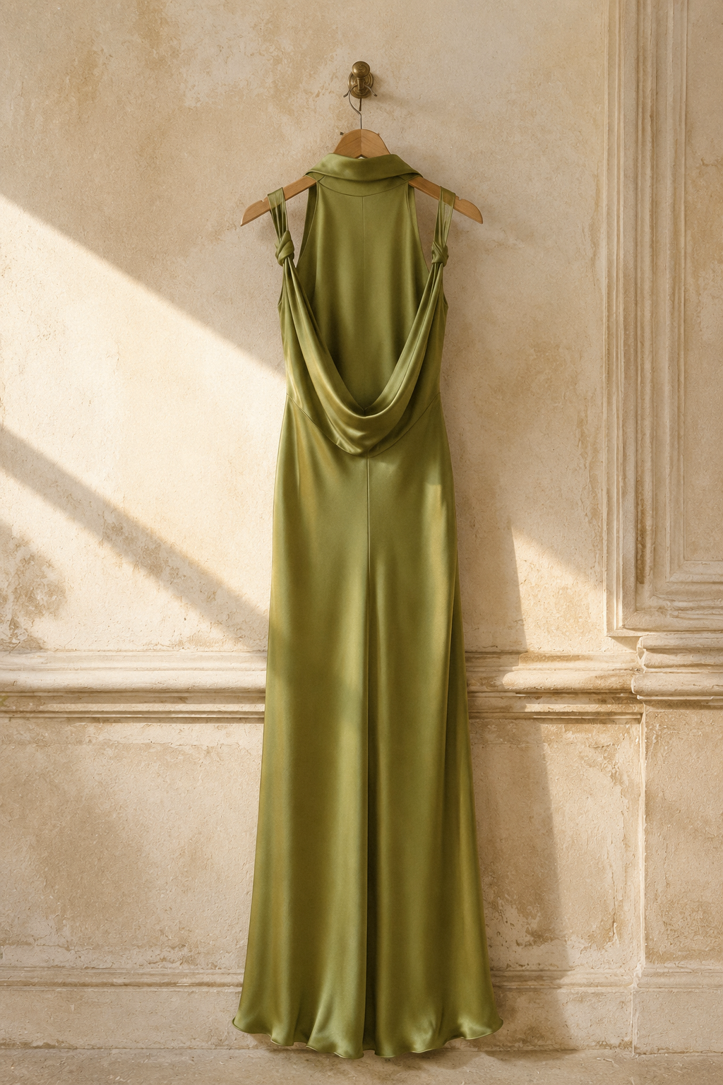 Olive green silk column midi dress, hanging on wooden hanger against plaster wall