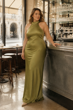 Olive green silk column midi dress, lifestyle, evening gathering, soft light