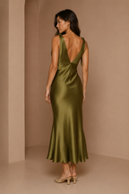 Olive green silk slip midi dress, back view, clean back line