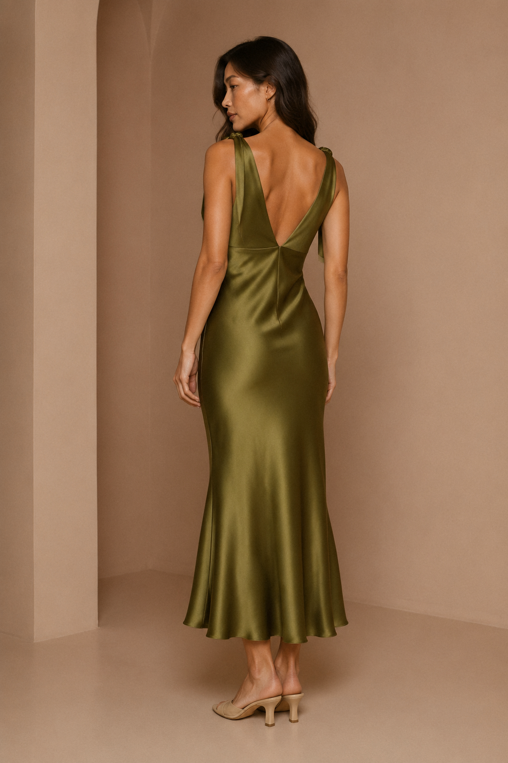 Olive green silk slip midi dress, back view, clean back line