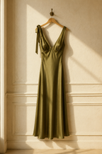Olive green silk slip midi dress, hanging on wooden hanger against plaster wall