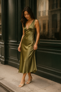 Olive green silk slip midi dress, front view, deep V-neck and shoulder tie straps
