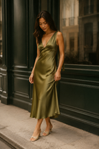 Olive green silk slip midi dress, front view, deep V-neck and shoulder tie straps