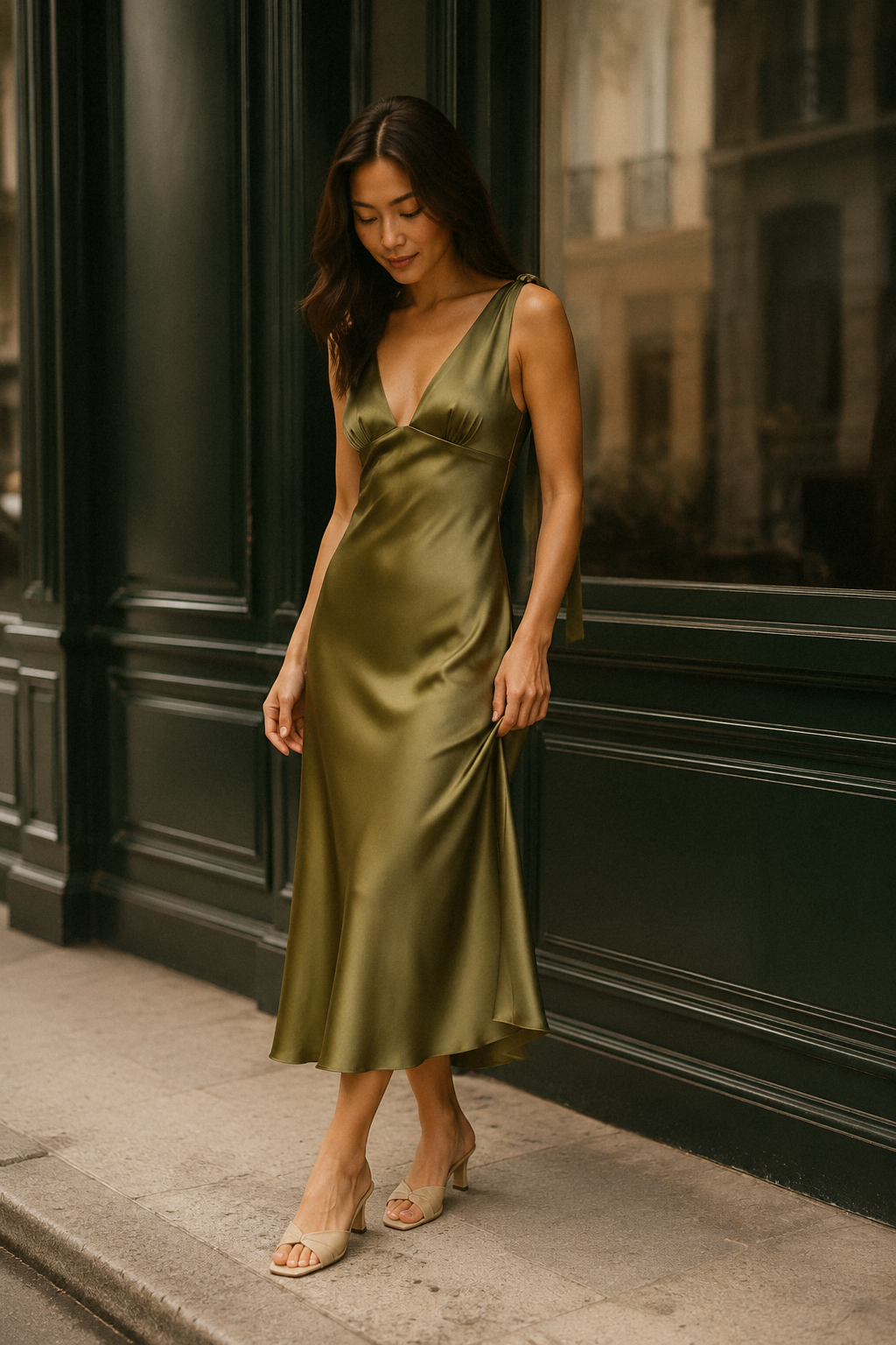 Olive green silk slip midi dress, front view, deep V-neck and shoulder tie straps