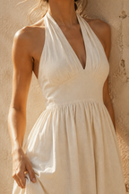 Ivory linen a-line midi dress, fabric detail, flax weave in raking light